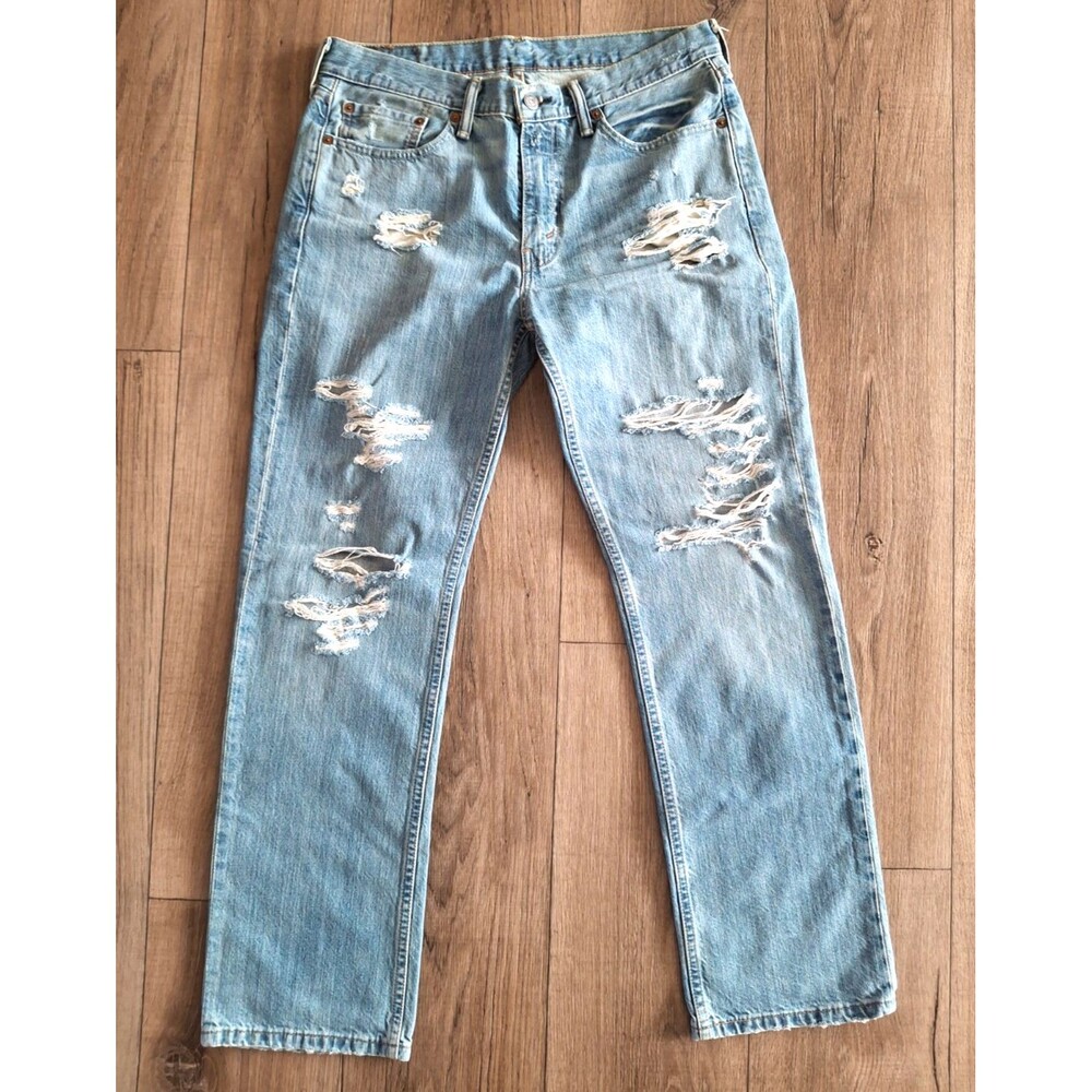 Levi's 514 Straight Fit Destroyed Distressed Stone Wash Denim Jeans Sz 33 X 30"